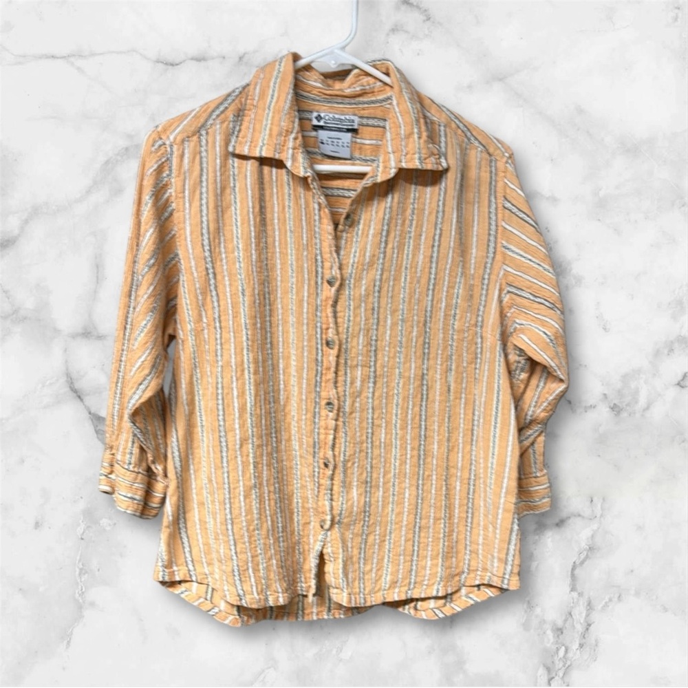 Columbia Orange and White Casual Button Down Shirt striped size Large